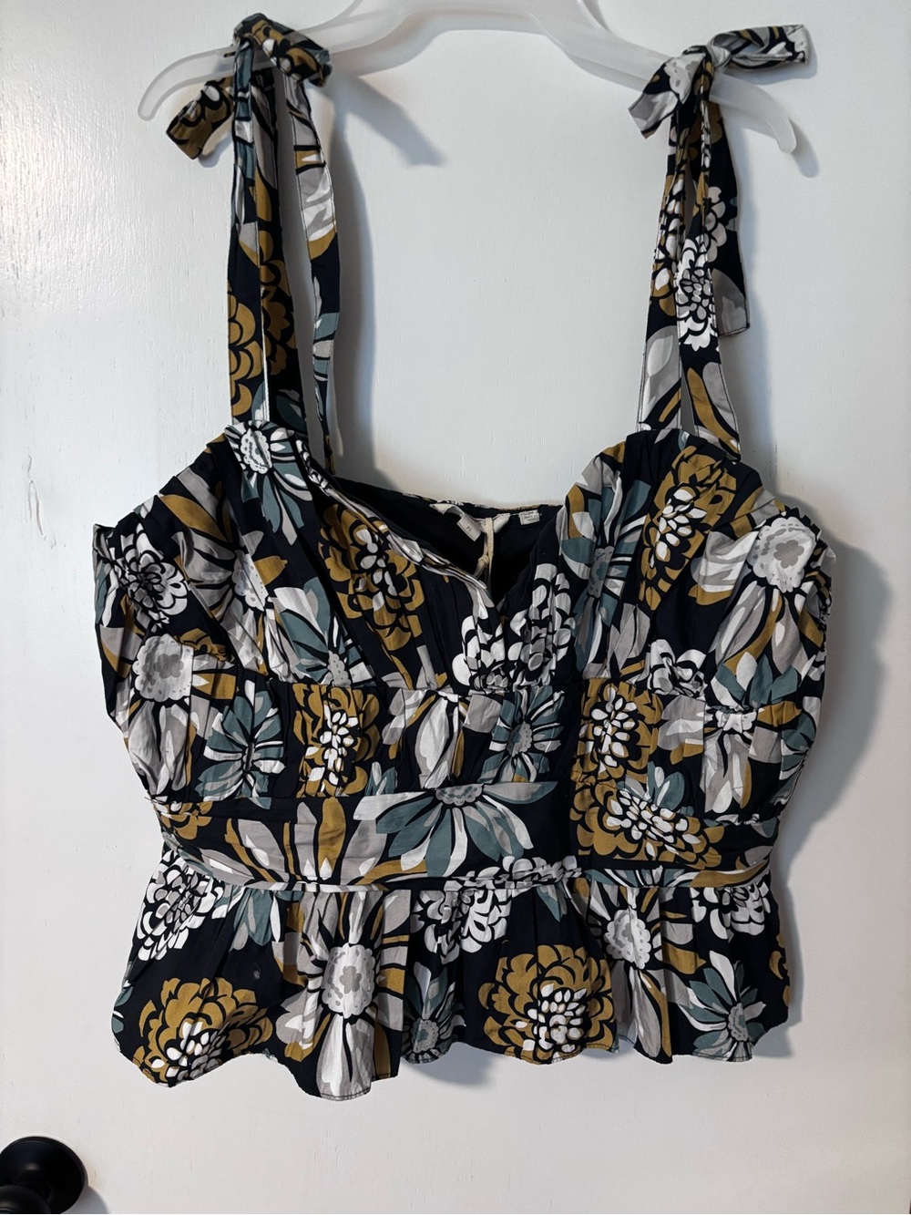 Tie-Shoulder Floral Peplum Camisole in Navy Blue and Mustard